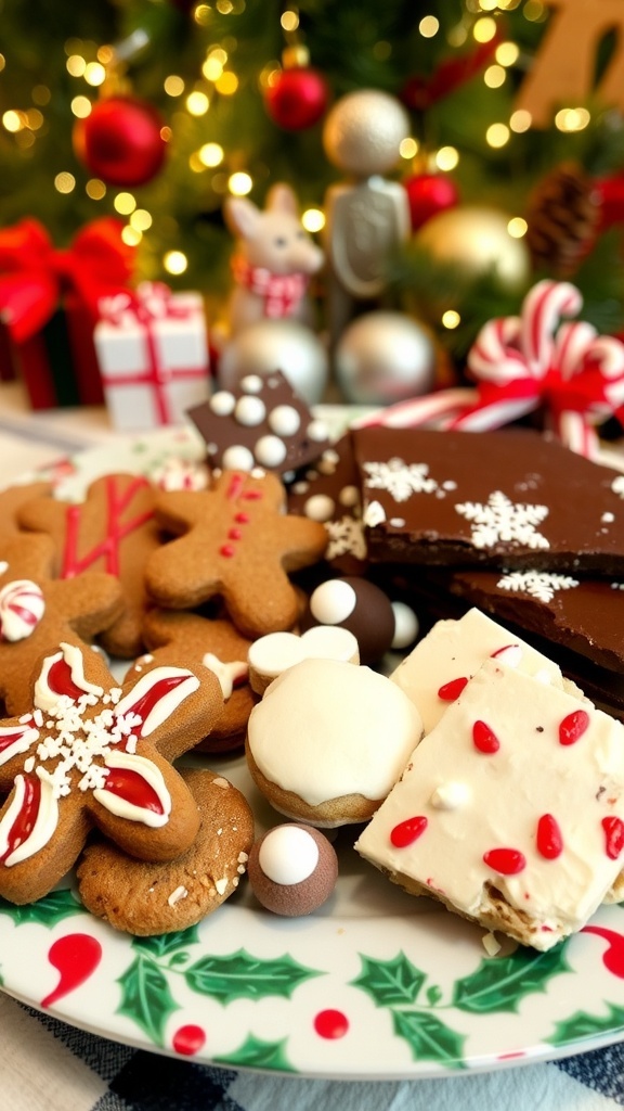 An assortment of Christmas desserts including gingerbread cookies, chocolate fudge, and peppermint bark on a decorative platter.